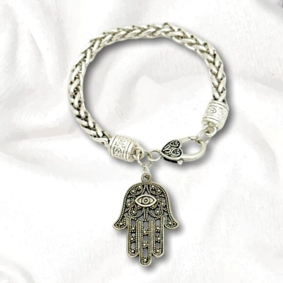 Silver-Tone Hamsa Hand Charm Bracelet Heart Lobster Clasp & Thick Braided Chain - Picture 1 of 8